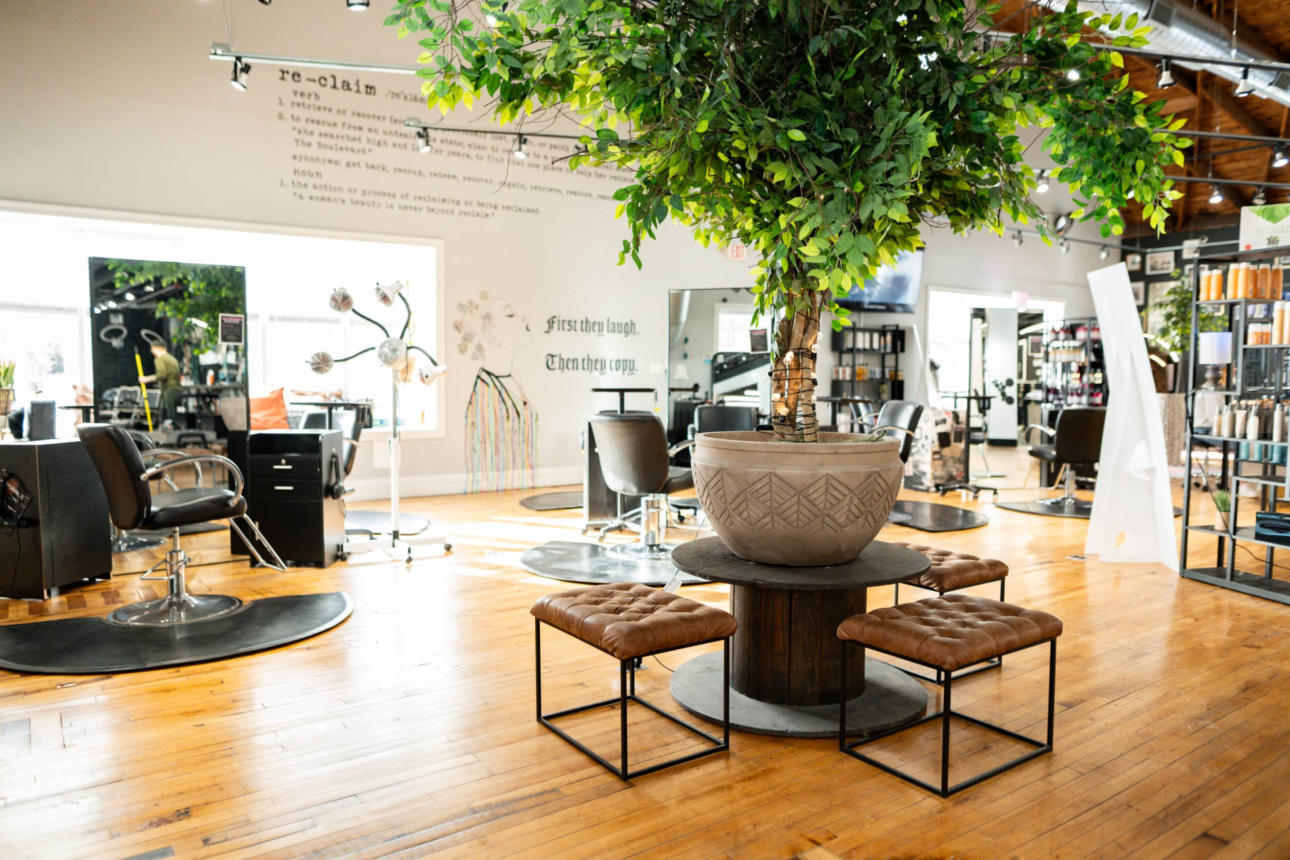 Interior of The Boulevard Hair Company salon featuring polished wooden floors, modern black salon chairs, a large potted tree centerpiece, and walls with inspiring quotes. The salon's spacious and well-lit environment conveys a welcoming and stylish atmosphere.
