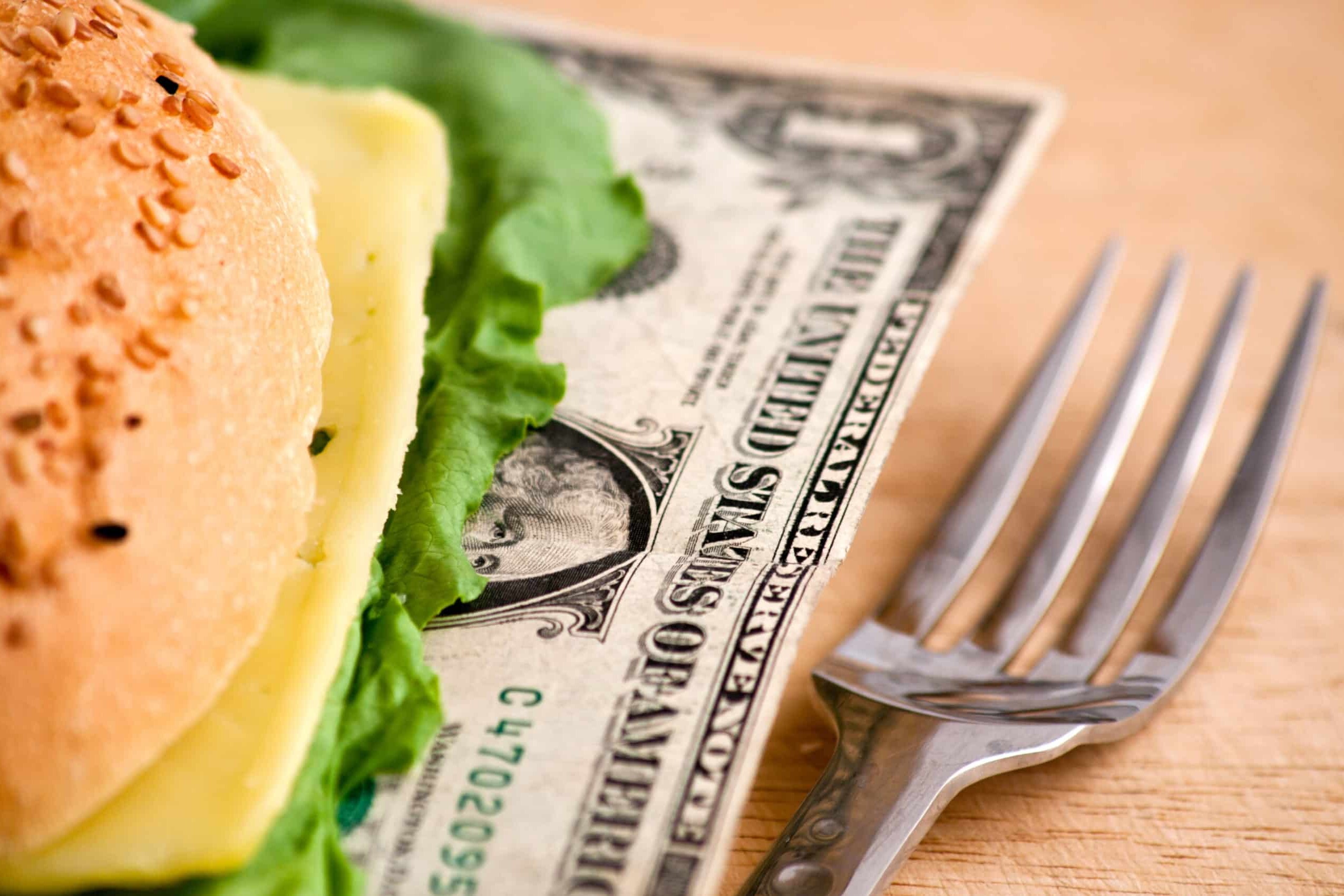 US dollars in a hamburger bun, close-up