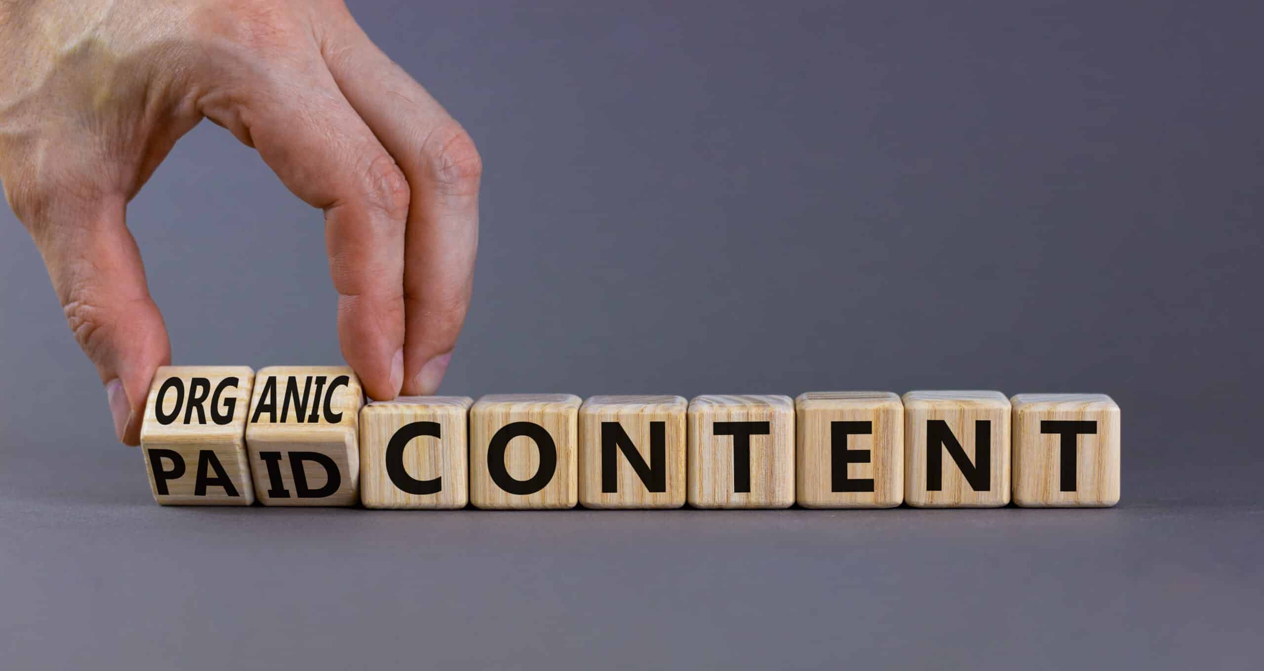Paid or organic content symbol. Businessman turns wooden cubes, changes words 'paid content' to 'organic content'. Beautiful grey background, copy space. Business, paid or organic content concept.