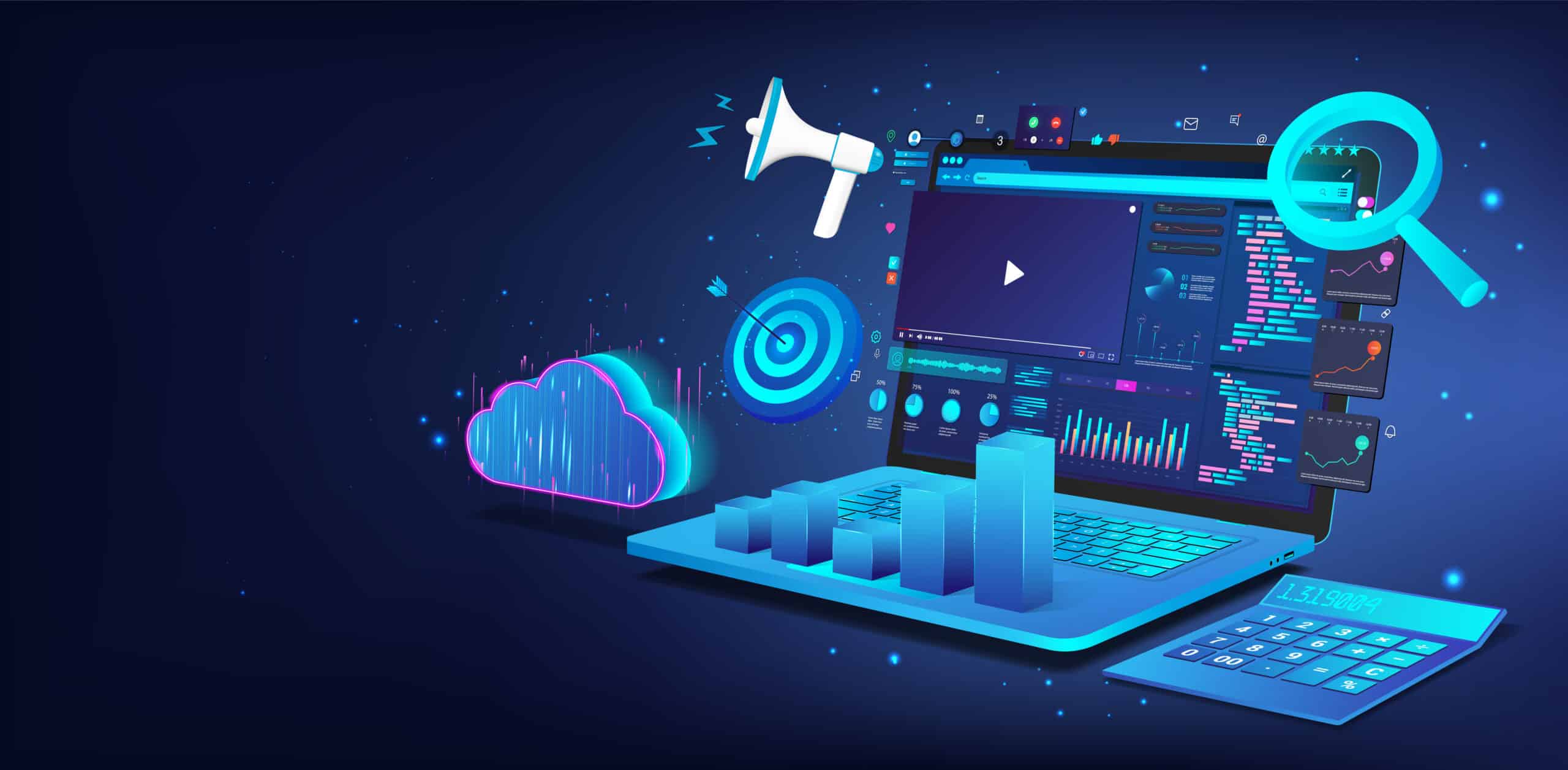 Digital tools and strategies for effective brand marketing displayed on a laptop with charts and graphs.