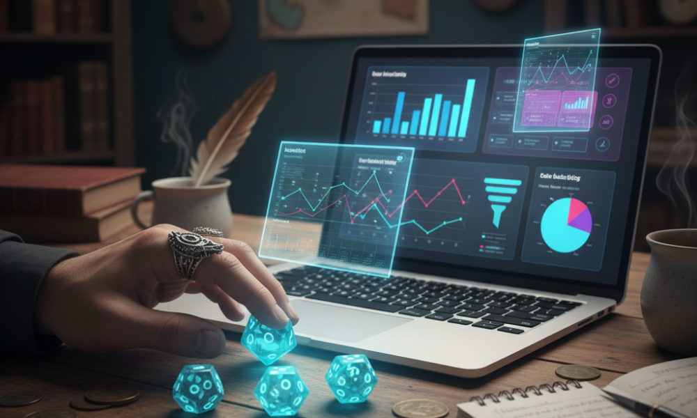 Dungeon Master rolling dice beside laptop showing digital marketing analytics.